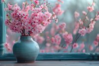 Pink cherry blossom branches in turquoise ceramic vase on wooden surface against soft blurred background, creating serene spring atmosphere.