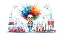 Young Asian female scientist with explosive colorful hair in laboratory surrounded by chemistry equipment and molecular structures on white background.