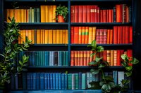 Colorful vintage books arranged by color spectrum on wooden shelves with green plants creating cozy library atmosphere. For education and reading concepts.