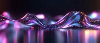 Flowing liquid metal wave with purple and blue neon lights creating dynamic reflection on dark surface, abstract macro photography style composition.