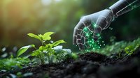 Robotic hand with glowing green technology touching young plant growing from soil, representing artificial intelligence in agriculture and sustainable farming.