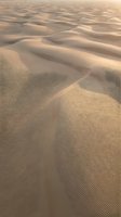 Golden sand dunes with rippled texture patterns creating natural waves across desert landscape in warm sunlight for travel and nature backgrounds.