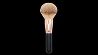 Fluffy makeup brush with natural bristles and rose gold ferrule, isolated on transparent background. Ready for beauty product design, cosmetics packaging, tutorials, and print-on-demand applications.