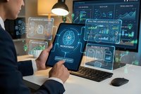 Business professional analyzing data on multiple digital devices with holographic interface displays showing charts, graphs and analytics dashboards in modern office.