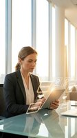 Caucasian businesswoman in dark blazer and white blouse working on tablet at modern office desk with large windows, reviewing digital contract icons and data visualization overlays for corporate technology and business solutions.