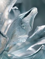 Ethereal macro photography of delicate ice crystal formations in soft blue tones, showcasing intricate natural patterns and textures with dreamy bokeh effects.