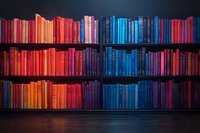 Colorful rainbow gradient of books arranged on dark wooden shelves against black wall, from warm red tones transitioning to cool blues, creating dramatic library display.