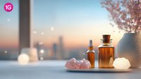 Amber essential oil bottles with rose quartz crystals on windowsill at sunset, creating serene atmosphere for aromatherapy and wellness rituals.