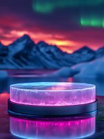 Glowing neon platform against arctic mountain landscape with northern lights and sunset sky, creating futuristic sci-fi atmosphere with pink and purple reflections.