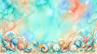 Watercolor ocean floor border with seashells, starfish and coral in turquoise, coral and blue tones. Marine underwater scene for summer designs and coastal decor.