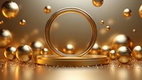 Golden metallic podium with floating spheres and ring on luxury background with glitter and bokeh effects for product display and presentation.
