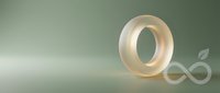 Translucent frosted glass letter O with infinity symbol on soft sage green background, isolated for design use.