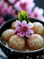 Sweet rice dumplings in black ceramic bowl decorated with pink cherry blossom, traditional Asian dessert served during spring festivals and celebrations.