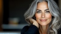 Confident mature Caucasian woman with natural gray wavy hair and radiant smile wearing black sweater poses against dark background, representing aging gracefully and natural beauty.