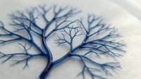 Blue fractal tree with intricate branching patterns on textured paper background for nature and mathematical art concepts.