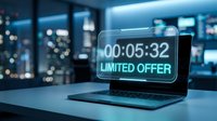 Laptop with glowing countdown timer displaying limited offer on screen, futuristic blue neon interface, city lights in background at night.