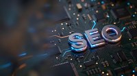 SEO letters on computer circuit board with glowing lights representing search engine optimization and digital marketing technology concepts.