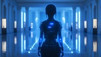Silhouette of female figure with glowing blue technological elements standing in futuristic corridor with neon lighting and reflective surfaces. Science fiction concept.