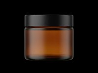 Amber glass jar with black lid isolated on transparent background, ready for cosmetics, skincare, and product packaging design use on t-shirts, labels, and print-on-demand materials.