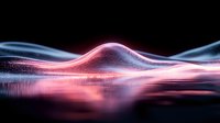 Abstract glowing pink and blue waves with particle effects creating smooth flowing lines and reflections against dark background, modern futuristic design element.