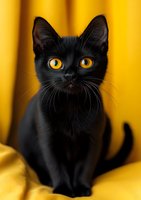 Black cat with bright yellow eyes sitting on yellow background, looking directly at camera. Striking contrast creates dramatic pet portrait suitable for Halloween designs.