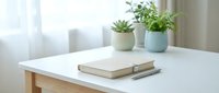 Minimalist white desk with stacked notebooks and small potted succulents in modern home office interior with natural light from window.