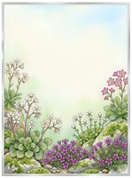 Watercolor garden frame with white and purple wildflowers, green foliage, and soft pastel sky, leaving ample copy space for text or design.