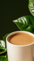 Fresh cup of creamy coffee with frothy surface in white ceramic mug against dark green background with tropical monstera leaves, macro food photography.