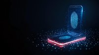 Futuristic smartphone with glowing fingerprint scan hologram floating above device on dark background with scattered light particles and neon effects.