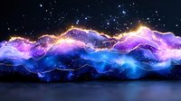 Abstract cosmic wave pattern with glowing purple and blue energy streams against dark background, illuminated by golden light and sparkling stars in space.