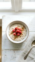 Creamy oatmeal porridge topped with fresh raspberries and cinnamon in a ceramic bowl on a rustic white wooden table by a window.
