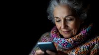 Senior woman with gray hair using smartphone wearing colorful knitted scarf on dark background for technology and aging concepts.