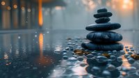 Balanced zen stones on wet surface with bokeh lights reflection at sunset. Peaceful meditation and wellness concept with stacked pebbles in tranquil setting.