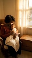 African American mother tenderly holding newborn baby in warm sunlit nursery chair creating intimate bonding moment for family lifestyle content.