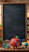 Cheerful red apple character with googly eyes holding tablet and books standing before blank chalkboard with wooden frame, surrounded by school supplies and globe for educational content.