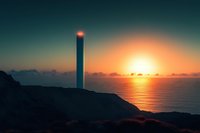 Lighthouse silhouette against dramatic sunset over ocean horizon, with glowing beacon guiding ships along rocky coastal cliff.