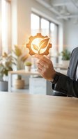 Businessman holding glowing gear with leaf symbol, representing sustainable business innovation and eco-friendly industrial solutions for corporate growth.