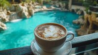 Latte art coffee cup with heart pattern on balcony overlooking luxury resort swimming pool with tropical landscaping and rock formations. Morning relaxation scene.