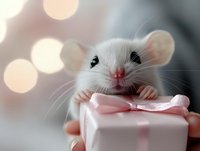 Adorable white mouse peeking over pink gift box with bow against soft bokeh background, capturing curious expression and tiny paws gripping present edge.