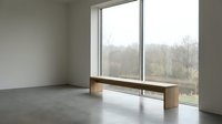 Modern minimalist interior with wooden bench near large window overlooking bare trees. Empty room with concrete floor and natural light for contemporary design.