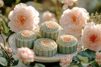 Traditional Chinese mooncakes with intricate floral patterns on wooden plate surrounded by soft pink roses in garden setting for Mid-Autumn Festival celebration.