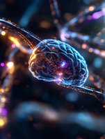Glowing brain with neural connections on dark background illuminated by blue and orange lights, representing artificial intelligence and cognitive science.