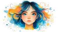 Young woman with vibrant blue and orange flowing hair in artistic watercolor style with colorful paint splashes and swirls on white background.