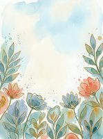 Soft watercolor floral border with pastel pink blooms, teal leaves, and gold outlines on a light background with copy space.