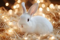 White baby bunny sitting on golden straw with glowing bokeh lights in background creating magical holiday atmosphere. Suitable for greeting cards and festive designs.