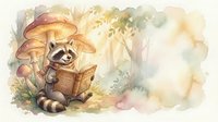 Adorable raccoon reading book under mushrooms in enchanted forest watercolor illustration for children stories and educational materials.