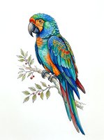 Colorful macaw parrot perched on branch with green foliage, isolated on white background. Vibrant tropical bird illustration suitable for wildlife art, educational materials, and design projects.