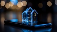 Glowing blue holographic houses emerging from smartphone screen with bokeh background, representing smart home technology and digital real estate concept.