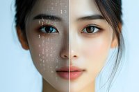 Young Asian woman with digital facial recognition overlay and binary code, split-screen comparison showing technology analysis and biometric scanning for artificial intelligence, security, and data processing applications.