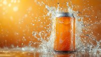 Orange energy drink can with dynamic water splash against warm golden background. Refreshing beverage in motion.